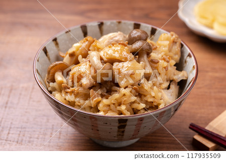 Chicken and Shimeji Mushroom Rice Cooked with Soy Sauce and Koji 117935509