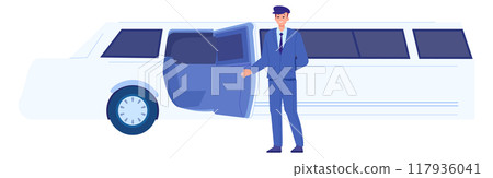 Limo driver open car door. Luxury passenger transport Limo driver open car door. Luxury passenger transport 117936041