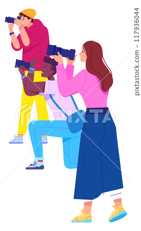 People with photo cameras shooting. Paparazzi characters People with photo cameras shooting. Paparazzi characters 117936044