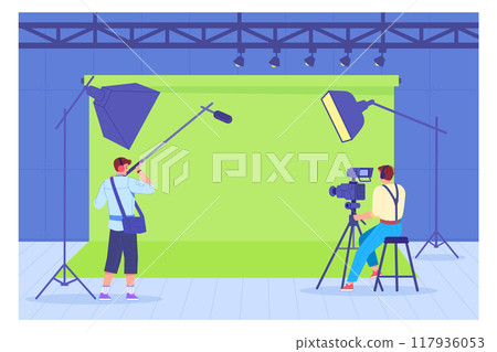Video recording studio on green screen template. Professional operators and lighting Video recording studio on green screen template. Professional operators and lighting 117936053