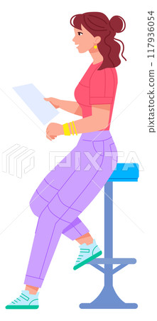 Pretty woman sit on bar chair with paper sheet Pretty woman sit on bar chair with paper sheet 117936054
