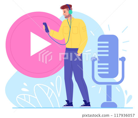 Young man listen podcast in earphones. Radio record Young man listen podcast in earphones. Radio record 117936057