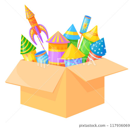 Fire crackers in cardboard box. Cartoon fireworks icon Fire crackers in cardboard box. Cartoon fireworks icon 117936069
