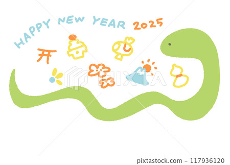 New Year's card with cute snake and lucky New Year's charms 2025 117936120