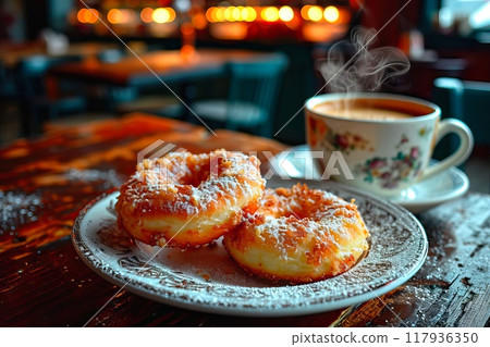 cappuccino, wooden table, powdered doughnut 117936350