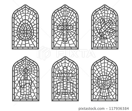 Church stained windows with religious Easter symbols. Christian mosaic glass arches set with cross dove cup and egg isolated on white background. Outline illustration Church stained windows with religious Easter symbols. Christian mosaic glass arches set with cross dove cup and egg isolated on white background. Outline illustration 117936384