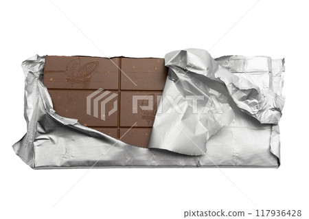 Top view of a milk chocolate bar in foil. Isolated on a white background. Top view of a milk chocolate bar in foil. Isolated on a white background. 117936428