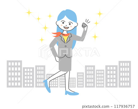 Illustration material: A businesswoman making a fist pump in a business district 117936757