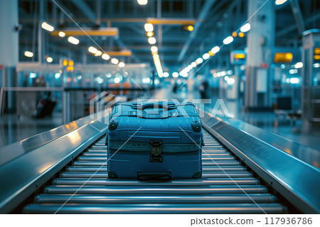 Suitcases are moving along an automated conveyor belt for inspection at airport. AI Generation 117936786