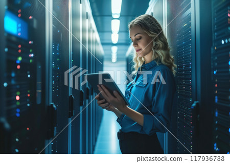 Using tablet PC, an administrator in data center configures network checks AI Generation 117936788