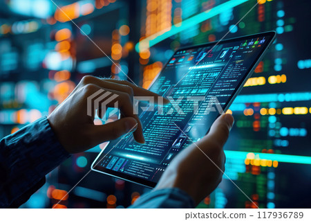 A man in a data center configures servers via a tablet AI Generation 117936789