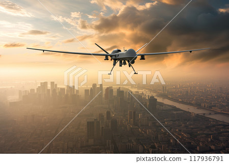 Combat drone of army in flight over city during a mission AI Generation 117936791
