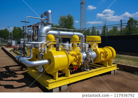 Yellow gas pipeline is with additional equipment distribution gas transport compressor for pumping natural gas AI Generation 117936792