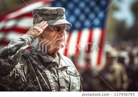 During Memorial Day, a military veteran salutes in American flag AI Generation 117936793