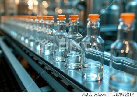 Production of pharmaceuticals utilizing automatic conveyor lines with glass bottles filled with liquid AI Generation 117936817