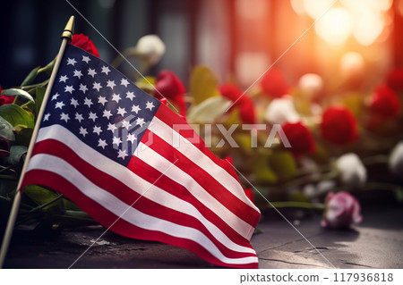 Happy American holiday decorations celebrating is Veterans Day Memorial Day Roses US flag AI Generation 117936818