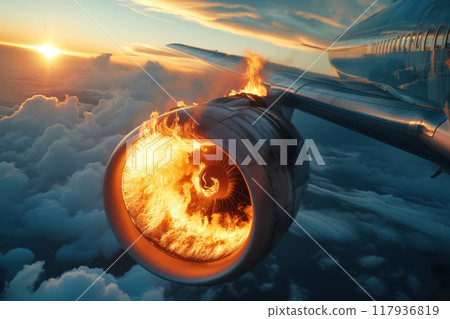 An aircraft engine malfunctioned a caught fire while in flight AI Generation 117936819