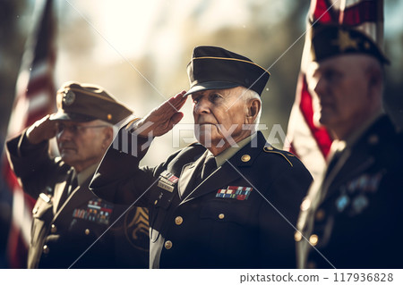 US army military veteran saluting in American flag on memorial day AI Generation US army military veteran saluting in American flag on memorial day AI Generation 117936828