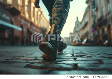 Prosthetic leg of person wearing running shoe against a street background AI Generation 117936838