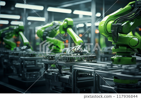 Technological robotic automatic arms machine work on assembly line automobile production in industrial intelligent factory AI Generation 117936844