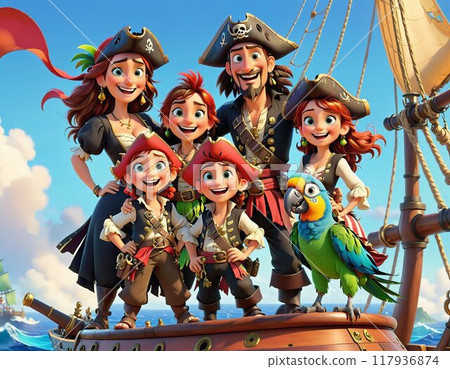 A cheerful family of pirates on the deck of a ship 117936874