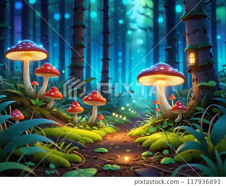 A magical background with a misty night forest A magical background with a misty night forest 117936893