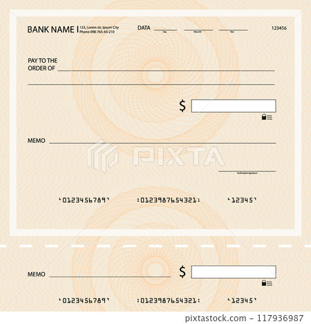 Bank cheque with guilloche pattern and place to write amount and personal signature 117936987