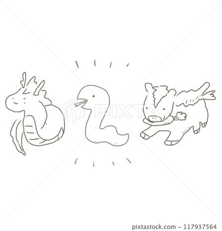 Loose line drawings of dragons, snakes and horses New Year's card material Loose line drawings of dragons, snakes and horses New Year's card material 117937564
