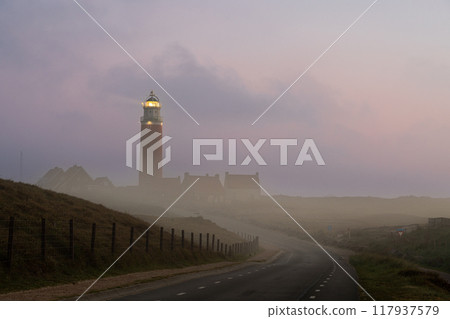 The lighthouse of Texel Netherlands whit mist 117937579