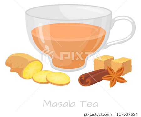 Masala tea glass cup. Indian drink illustration Masala tea glass cup. Indian drink illustration 117937654