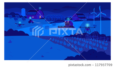 Night farm landscape. Agricultural countryside. Rural scene 117937709