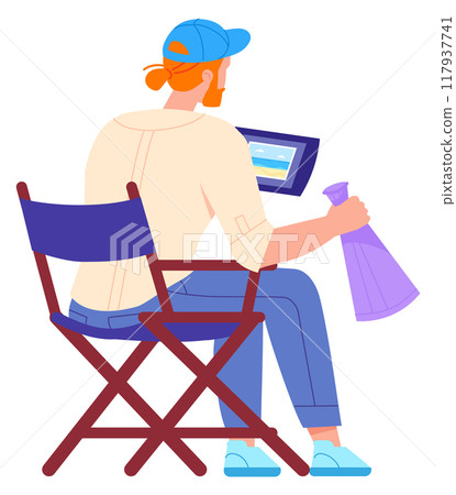 Film director sit on chair. Cinema studio character Film director sit on chair. Cinema studio character 117937741
