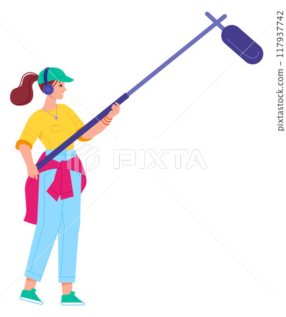 Cinema shooting crew character. Woman hold microphone Cinema shooting crew character. Woman hold microphone 117937742