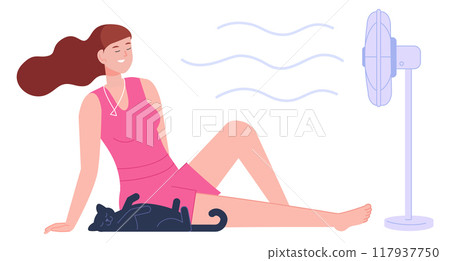 Woman sit under air fan. Cooling room ventilation Woman sit under air fan. Cooling room ventilation 117937750