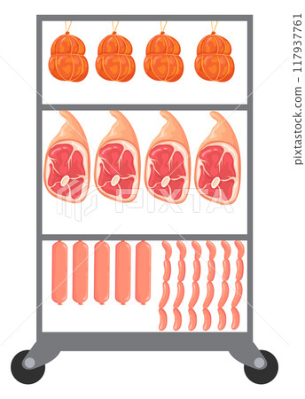 Meat products on metal hanger. Cartoon raw food Meat products on metal hanger. Cartoon raw food 117937761