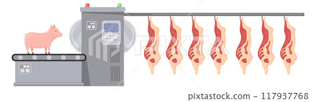 Industrial butchery illustration. Cartoon meat production manufacture Industrial butchery illustration. Cartoon meat production manufacture 117937768