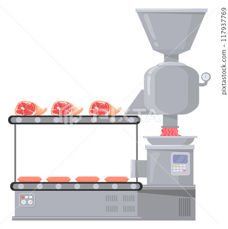 Sausage factory. Industrial meat mincer cartoon icon Sausage factory. Industrial meat mincer cartoon icon 117937769