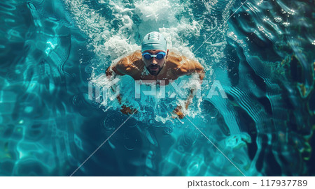 Caucasian young man is athlete swimmer in swimming pool or Cross-sea swimming triathlon competition 117937789