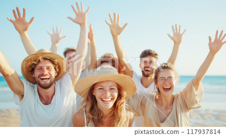 Crowd of friends and friendship is funny with selfie together on the beach and natural sunset for sea and summer vacation trip 117937814