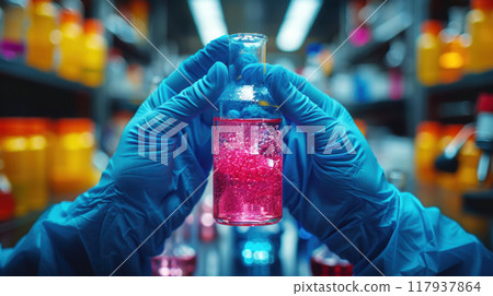 Close up hand of scientist wearing blue protective gloves is holding pink chemistry liquid in test tube in laboratory of university and hospital Close up hand of scientist wearing blue protective gloves is holding pink chemistry liquid in test tube in laboratory of university and hospital 117937864