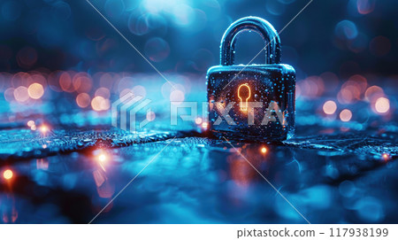Sparkle blue light shining on master key and lock. Cyber security technology lock digital padlock representing data encryption and network protection. Online privacy 117938199