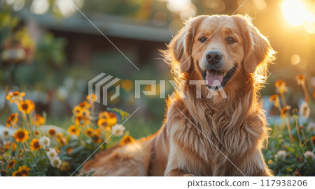 Adorable Golden retriever dog smiling with sunlight in yellow flower meadow 117938206