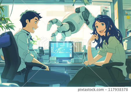 Male and female engineers discussing industrial robots_4 Male and female engineers discussing industrial robots_4 117938378