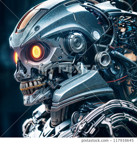 A mechanical robot with complex structure and glowing eyes 117938645