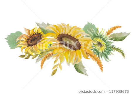 Watercolor illustration autumn composition with sunflowers, twigs and leaves. Hand drawn watercolor for design 117938673