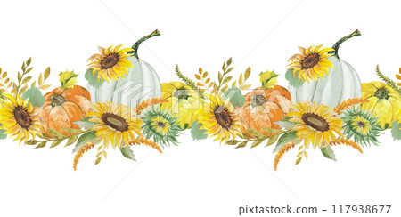 Seamless border with sunflowers, pumpkins, twigs and leaves. Watercolor illustration autumn composition, Hand-drawn watercolor for design 117938677