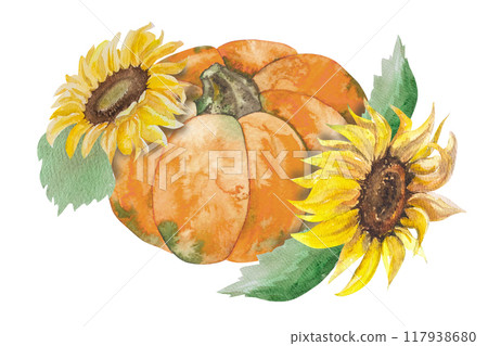Watercolor illustration autumn composition with sunflowers, pumpkins, twigs and leaves. Hand-drawn watercolor for design 117938680