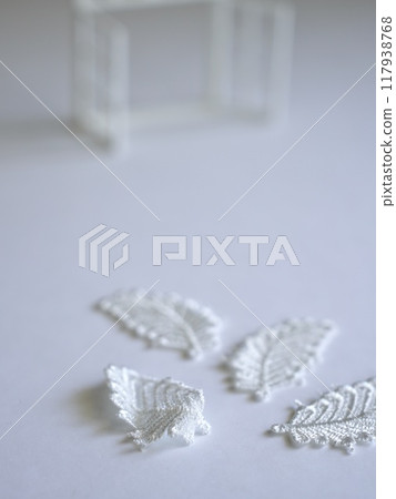 A solemn atmosphere with a white window frame and white leaves on a white background 117938768