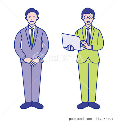 一位男性商人拿著筆電雙手合十站在前面的全身插畫素材【套裝】 一位男性商人拿著筆電雙手合十站在前面的全身插畫素材【套裝】 117938795