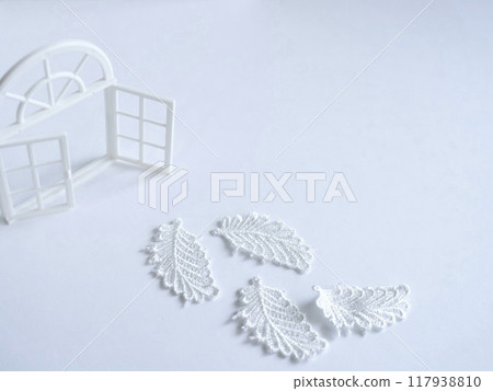 A solemn atmosphere with a white window frame and white leaves on a white background A solemn atmosphere with a white window frame and white leaves on a white background 117938810